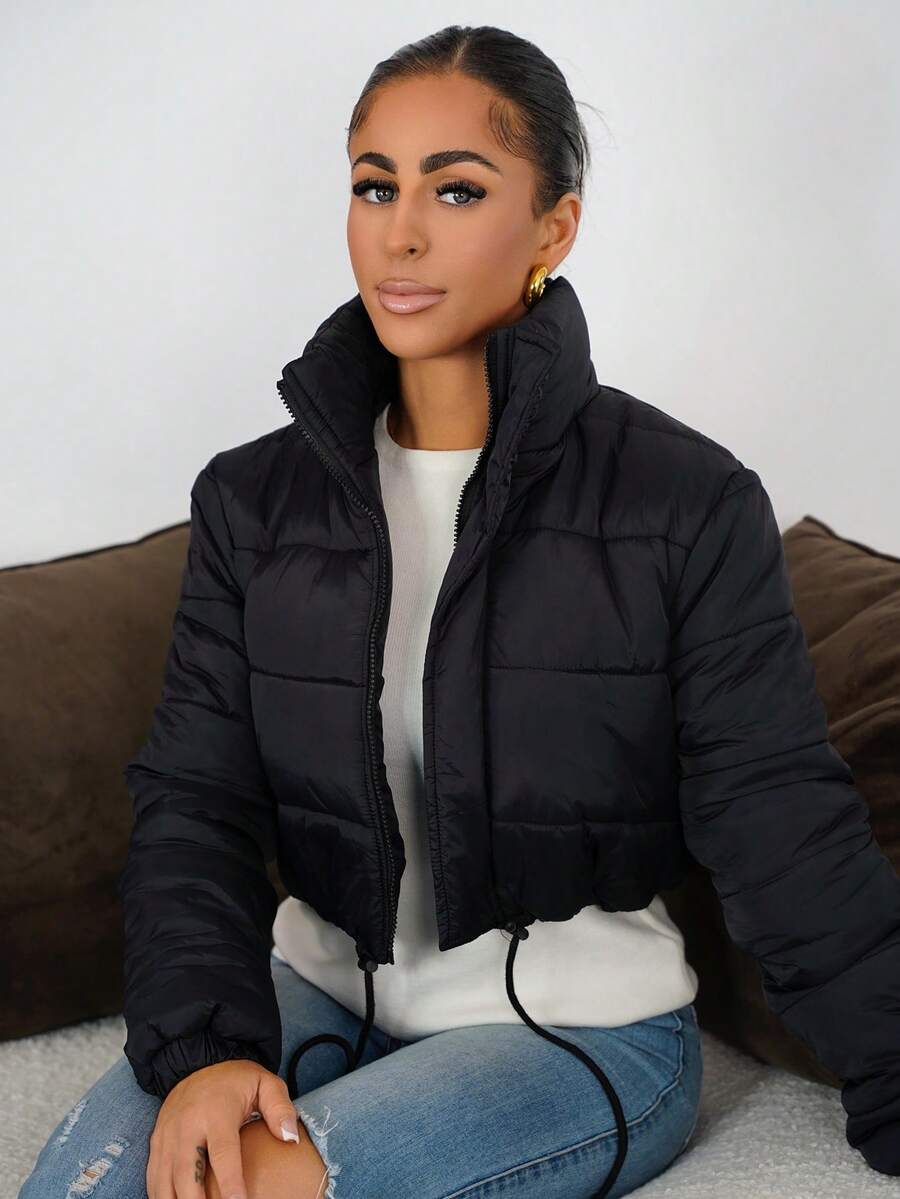 SAYEHFBABY Sexy Zip Up Drawstring Crop Padded Coat In Fall/Winter - Black - View 1
