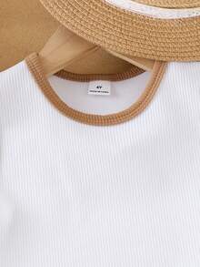 2pcs/Set Young Girls Ivory Ribbed Knit Tank Top And Khaki Skirt, Children Casual Minimalist Daily Outfit, Summer - White - View 8