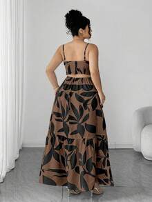 Elenzga 大码女士优雅吊带褶皱腰A字连衣裙，双色树叶印花，修身A字廓形，显瘦设计，优雅精致，适合返校、毕业典礼、情人节、音乐节、母亲节、万圣节、感恩节、复活节、国庆节、晚宴、约会、派对、婚礼、户外活动等场合。棕色两件套连衣裙，棕色长裙，棕色连衣裙，棕色优雅连衣裙，女士夏季两件套，最新款连衣裙 - 棕色 - 查看 2
