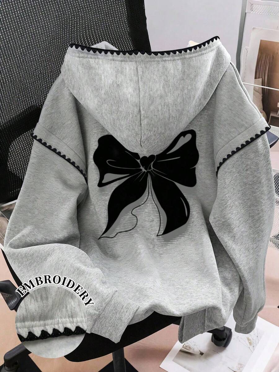 Resyla 女士休闲套头衫，秋冬新品，犬牙刺绣，灰色花卉图案，百搭优雅，返校季必备，蝴蝶结印花设计，适合约会、街头时尚摄影，大码女式卫衣，贝壳刺绣装饰 - 灰色 - 查看 1