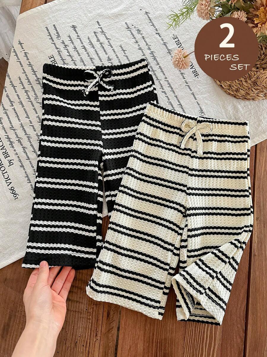LMoss Kids 2件套女婴针织条纹休闲宽松裤套装 - 彩色 - 查看 1