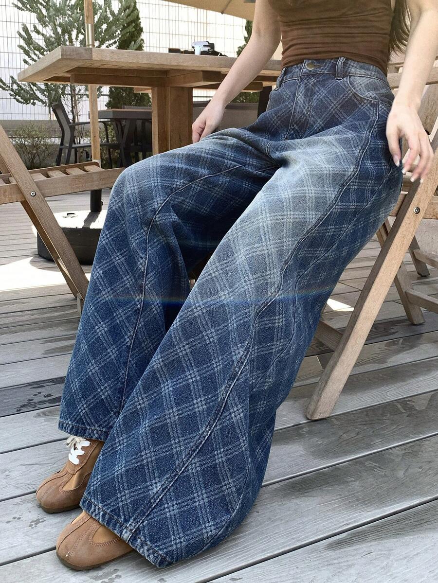 DAZY 女士菱形图案腰带环休闲直筒宽松百搭牛仔裤 - 藍色 - 查看 1