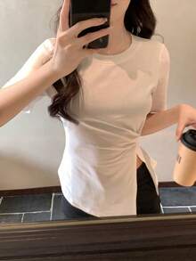 DAZY 女士夏季新款休闲简约扭结设计短袖T恤 - 白色 - 查看 3