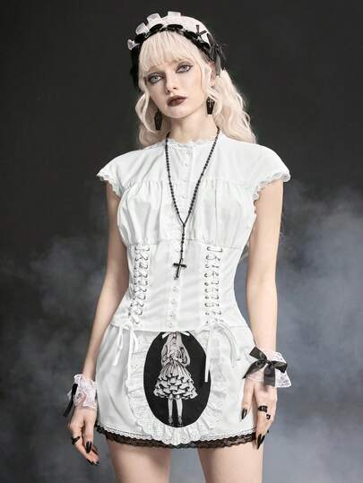 ROMWE Goth 复古哥特式撞色蕾丝泡泡袖收腰女式衬衫