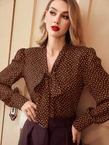 Vintamour 复古优雅女士波点雪纺衬衫，宽松长袖，杏色，适合春季、夏季情人节外出穿着 - 咖啡棕 - 查看 4