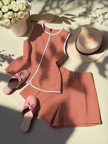 GlowEve 女士优雅撞色滚边玫红色两件套，夏季 - 亮橙色 - 查看 1