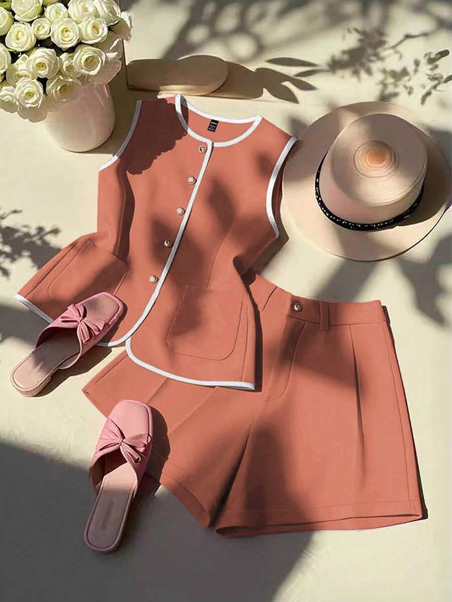 GlowEve 女士优雅撞色滚边玫红色两件套，夏季 - 亮橙色 - 查看 1