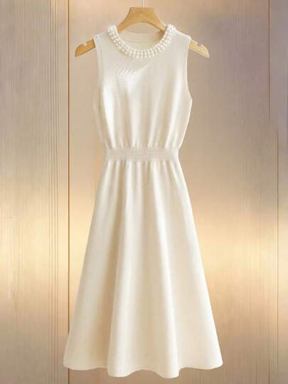GlowEve Pearl Decor Round Neck Sleeveless Waist Fitted Long Knit Dress For Women