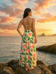 CAJUNI 女士休闲度假红棕榈龟背竹纤维白色、粉色、绿色吊带V领飘逸连衣裙，适合约会、外出 - 彩色 - 查看 2