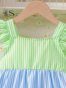 SHEIN Vintaside Kids 女童彩虹条纹撞色短袖公主蛋糕连衣裙，休闲日常/海滩度假装，夏季 - 彩色 - 查看 8