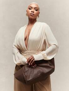 Vixey Chiffon Plunge Neck Gathered Waist Long Sleeve Top With Lining - Khaki - View 3