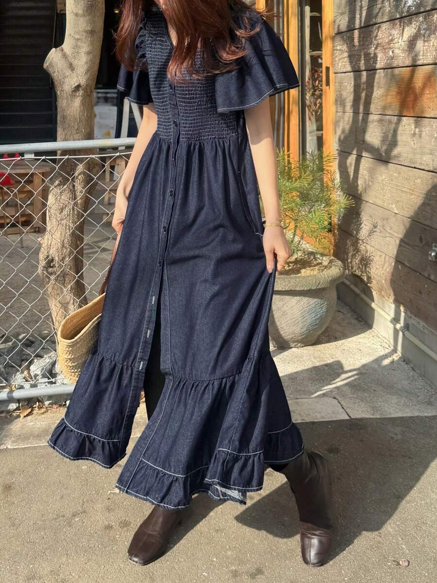 FRIFUL Women's Round Neck Ruffle Short Sleeve Single-Breasted Casual Denim Dress - Blue - View 1