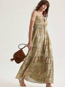 Aveloria Modichic Vestido largo con cuello de corbata y escote en V con estampado colorido, con un estilo romántico distintivo, diseño dividido para un movimiento elegante, adecuado para el verano y las vacaciones - Multicolor - Ver 6