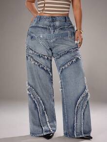 Jeanoix Quần jeans ống đứng dáng rộng, rách gấu, cỡ lớn, kiểu dáng thường ngày. - Màu xanh lam - Xem 6