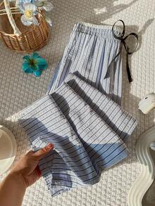 Sweetra French Casual Chic Blue Striped Straight Leg Relaxed Fit Pants, Versatile Design For Spring/Summer Commute, Stylish & - Blue - View 2