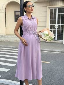 MaterniWear Maternity Single-Breasted Casual Waist Tie Sleeveless Shirt Dress - Purple - View 7