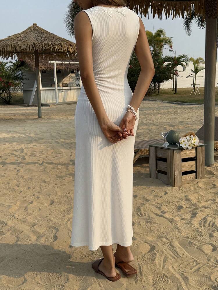 White Lace Patchwork Fitted Midi Dress For Women Sundress