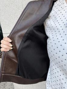 FRIFUL 女士纯色PU皮革落肩长袖拉链休闲外套 - 鏽棕色 - 查看 6