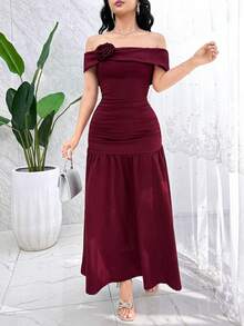 Feyla Elegant Off-Shoulder 3D Floral Dress For Women - Dark Red - View 5