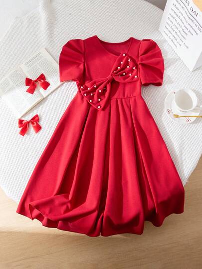Vestido de noche elegante de cuello asimétrico con lazo y mangas abullonadas para niñas mayores, vestido de línea A con cintura de estilo princesa con un tono rojo brillante que irradia un ambiente festivo y es adecuado para varias ocasiones formales como festivales y banquetes.