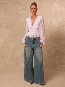 Lumalex 蕾丝边饰松紧腰带柔软网纱泡泡袖荷叶边下摆女式衬衫 - 淺粉色 - 查看 5