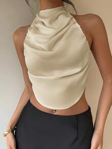 Aloruh 性感露背缎面吊带衫 - 杏色 - 查看 3