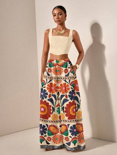 Zivah Casual Vacation Style Geometric Print Retro Pattern New Spring/Summer Vacation Casual Spaghetti Strap Top And Wide Leg Pants With Pockets 2 Pieces Textured Fabric Suit, Suitable For Vacation