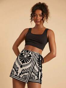 Travachic 休闲简约度假波西米亚风优雅浪漫复古印花图案女式短裤，适合音乐节、海滩、度假、夏季郊游，配有系带 - 彩色 - 查看 6