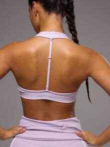 Musera Sport Áo ngực thể thao cổ yếm, dây đeo lưng có thể tháo rời, chi tiết nhún bèo phía trước, thích hợp cho tập luyện, tập gym, pilates, thể dục, mặc hàng ngày, nữ tính, thoải mái, gợi cảm. - Màu tím hoa cà - Xem 6