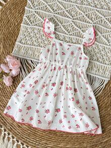 Babygirl Summer Cute Floral Print Cap Sleeve Bow Tie Dress - Pink - View 2