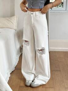 Rivivi Women's Loose Fit Straight Leg Distressed Pocket Jeans - White - View 3