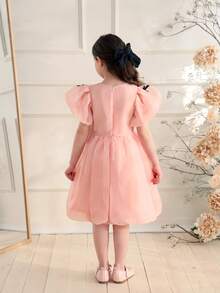 Glamorique Kids 小女孩夏季粉色泡泡袖网纱连衣裙，带蝴蝶结，可爱公主蓬蓬裙 - 粉色 - 查看 2