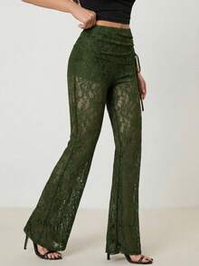 SHEIN Tall Women's Retro Side Drawstring Street Fashion Slim Fit Lace Flared Pants See Through Pants - Dark Green - View 6