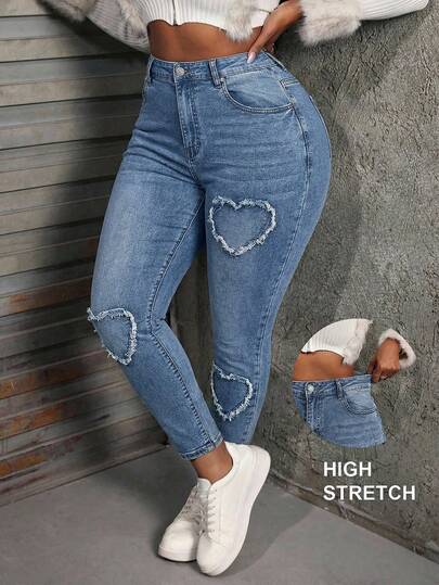 SHEIN SXY Plus Size Women Jeans Skinny Elastic Love Embroidery Trousers Blue Women Jeans Women Mom Jeans Denim Jeans Jeans Pants Jeggings Stretchy Jeans