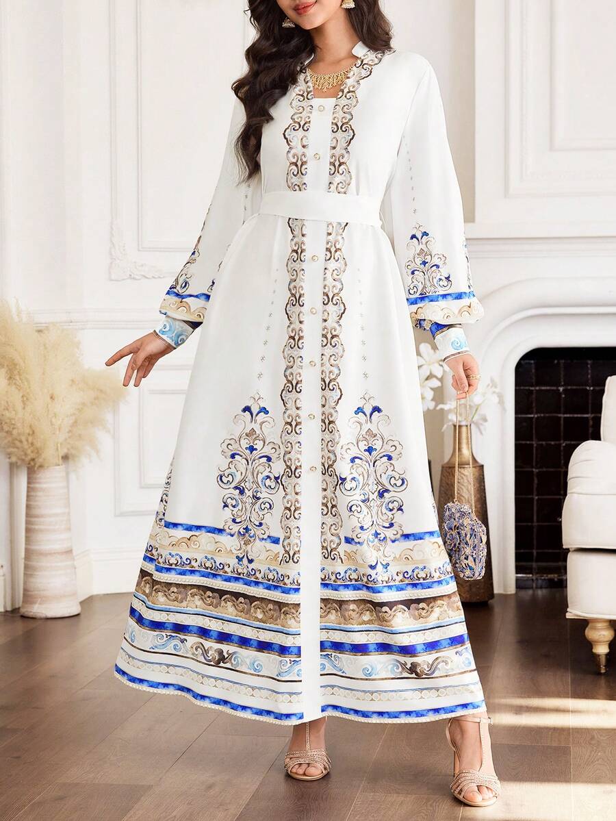 Yasmyna Đầm dài tay in họa tiết thanh lịch kiểu Ả Rập dành cho nữ. - trắng - Xem 1