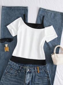 Sparklyn Áo thun 2 trong 1 phong cách đường phố dành cho bé gái tuổi teen, có in chữ, khẩu hiệu và hình ảnh xe hơi, thiết kế tay ngắn hở vai, thích hợp cho các hoạt động giải trí mùa hè, mua sắm và chụp ảnh. - Đen và trắng - Xem 12