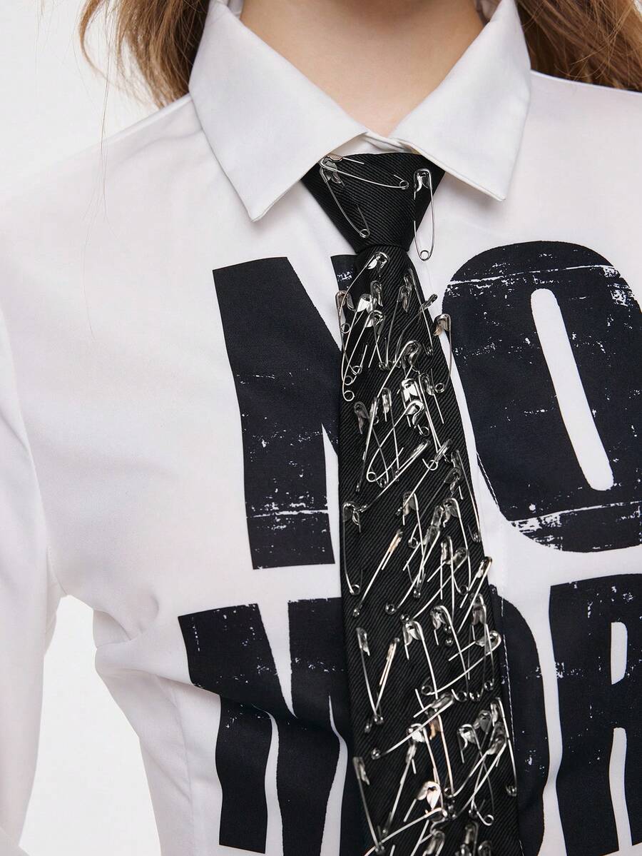 ROMWE Goth 1 件黑色街头朋克风格金属别针装饰设计，长度可调，时尚简约金属胸针男女通用，适合领带、日常穿着、音乐节、大学、约会等 - 黑色 - 查看 1