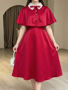 SHEIN Elegant Satin Collar Flower Decor Cloak Shawl With Metal Buckle, Suitable For Formal Occasions, Parties, Banquets - Teen Girls,Kids - Red and White - View 7