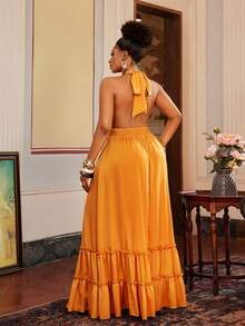 Maweii Plus Size Mustard Yellow Maxi Dress,Sleeveless Backless Drawstring Waist Shirred Solid Summer Tropical Holiday Elegant Casual Dress For Parties,Dates - Yellow - View 2