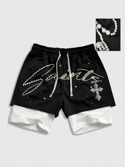 ROMWE MEN 2026 Spring/Summer New Casual Fashion Y2K Style Embellished 2 In 1 Shorts, Unisex Couple Matching Pants