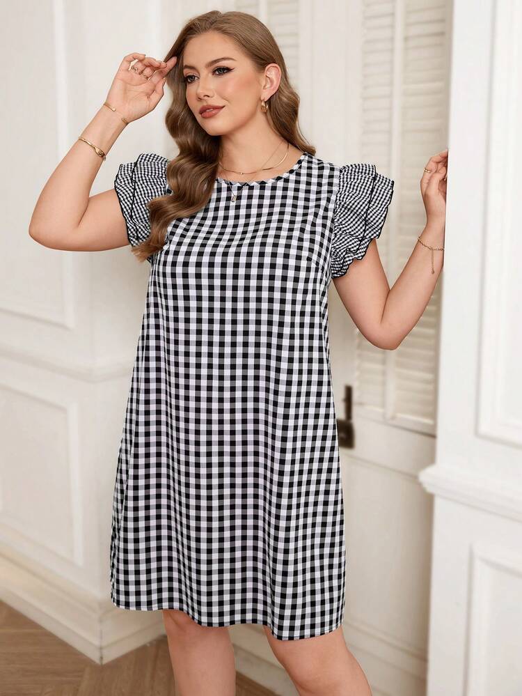 Miaspire Plus Size Women's Summer Casual Vacation  Black And White Plaid Patchwork Cap Sleeve Short Sleeve Dress, Summer Holiday,Spring Break Outfits ,Vacation Outfits Women ,Holiday Outfits For Women,Spring Dress Women,Going Out Outfits,2026 New Clothes,Simple And Fashionable For Everyday Wear,Casual Vacation Boho Dress,Dresses For Women,Flowy Dress,Holiday Outfits Boho - Black and White - View 1