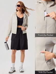 OutZeal 女士防晒夹克 露营徒步 防紫外线 轻便可收纳 拉链上衣 - 米色 - 查看 5