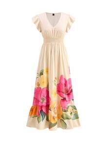 Ellevyn Vestido Longo Feminino Elegante com Cintura Franzida e Babado, Vestido de Verão para Férias, Vestido para Encontros à Noite - Multicolorido - Visão 6