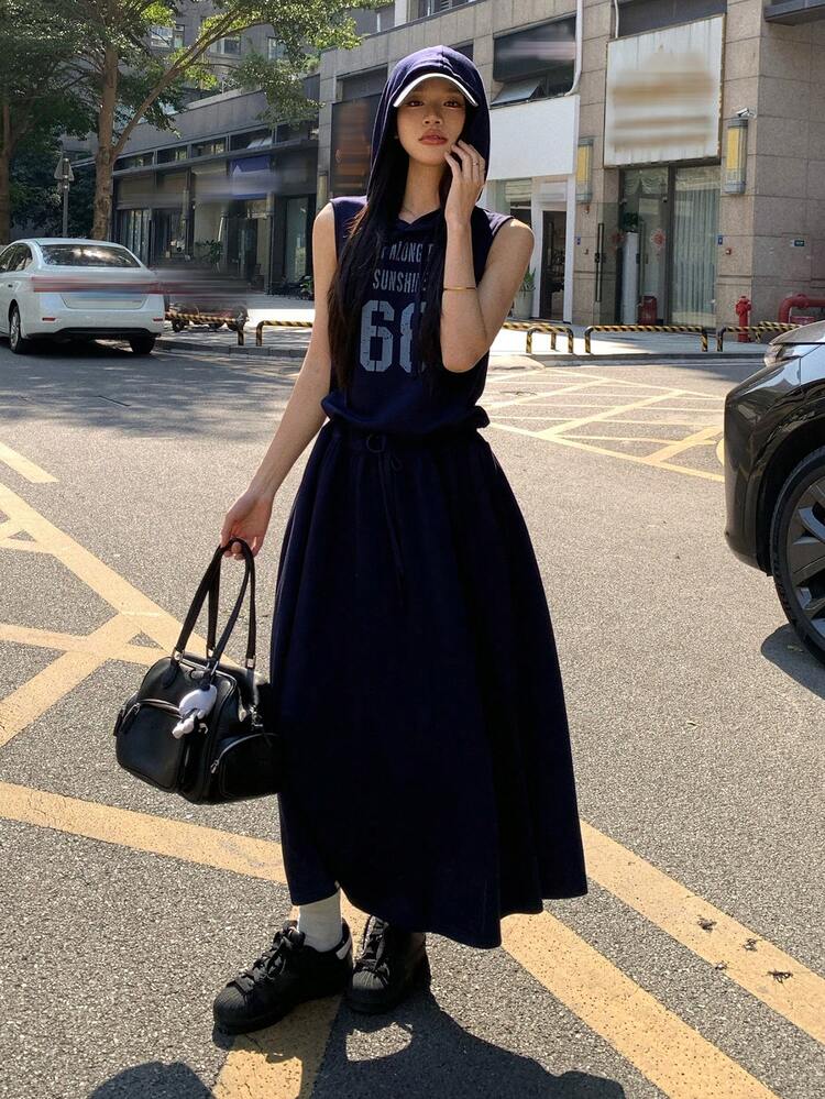 Women's Navy Blue Hooded Sweatshirt Casual Sleeveless Waist Cinched Midi Dress Sundress