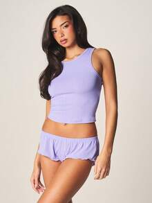 MISSGUIDED Purple Pointelle Ribbed Tank Top And Ruffle Hem Shorts Pajama Set Sleepwear Lounge Comfort Two Piece Matching Coordinates Summer - Purple - View 4