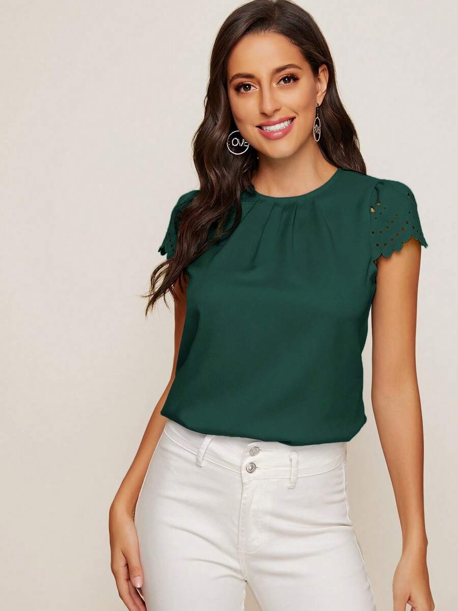 SHEIN Clasi 女士纯色褶皱圆领蝙蝠袖梭织衬衫 - 墨綠色 - 查看 1