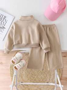SHEIN 2pcs Baby Girl Fleece Sweatshirt & Pants Set, Embroidered Letter Design, Suitable For Outdoor And Indoor Wear, Autumn/Winter - Khaki - View 2