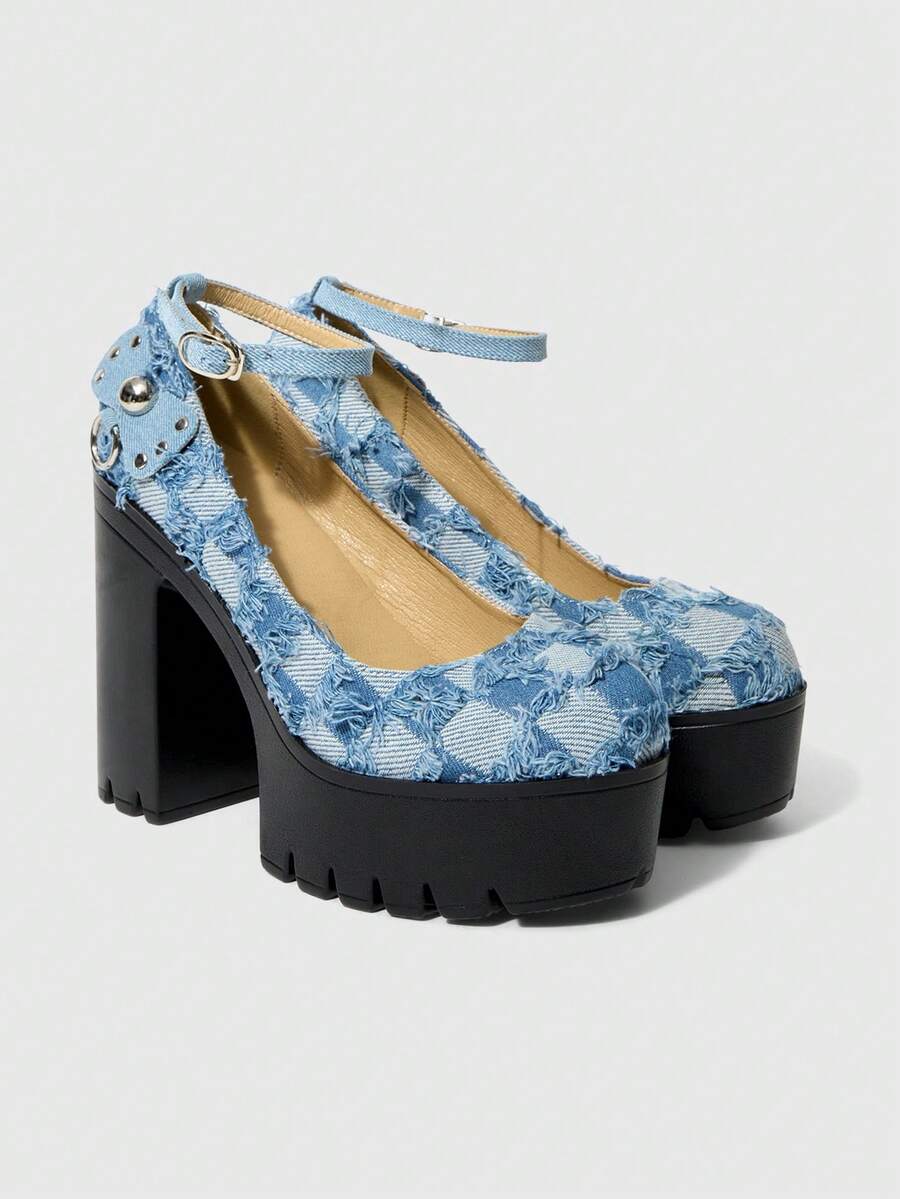 ROMWE Grunge Punk Women's Buckle Design Fashionable Platform Punk Style High Heels - Blue - View 1