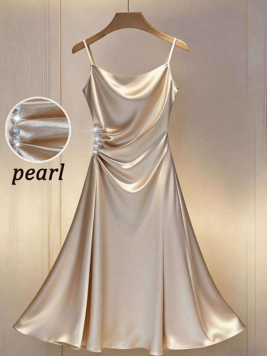 GlowEve Váy nữ dáng chữ A xếp ly không tay, eo nhún, thanh lịch, lãng mạn, tinh tế, vải taffeta - Màu be - Xem 1