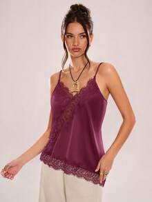 Avenya 女士优雅撞色蕾丝纯色吊带背心，夏季 - 紅色 - 查看 3